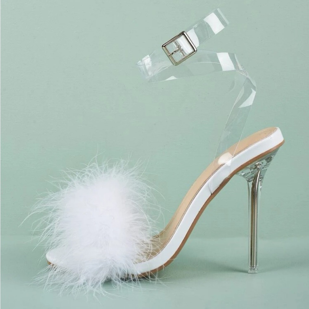 Plush ankle strap stiletto heeled sandals